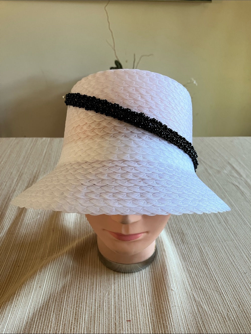 Chic White Bucket Hat with Black Floral Beaded Band